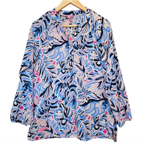 Simply Southern -671 Peasant Blouse Palm Leaves Long Sleeve Pink Blue Size Small - Picture 2 of 7